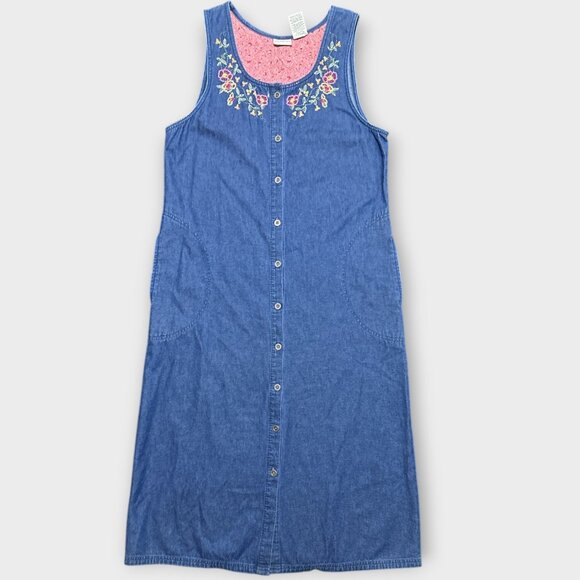 Vintage Womens Dress L Embroidery Floral Denim Maxi Pockets A-Line Retro Teacher - Picture 1 of 8